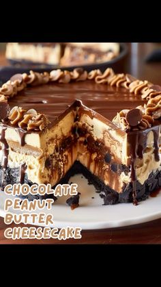 a chocolate peanut butter cheesecake on a white plate