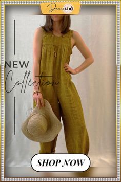 Solid Color Casual Summer Jumpsuit Casual Khaki Jumpsuits And Rompers For Summer, Sleeveless Khaki Jumpsuits And Rompers For Spring, Summer Khaki Relaxed Fit Jumpsuits And Rompers, Vintage Summer Overalls Jumpsuit, Vintage Sleeveless Overalls For Summer, Sleeveless Khaki Jumpsuits And Rompers For Summer, Vintage Sleeveless Jumpsuit With Pockets, Vintage Jumpsuits And Rompers For Spring Vacation, Khaki Jumpsuits And Rompers For Summer Loungewear