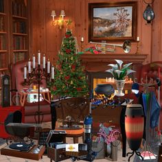 a living room filled with lots of furniture and a christmas tree in the middle of it