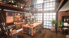 a room filled with lots of wooden furniture and shelves full of plants on top of them