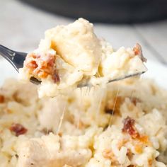 a spoon full of mashed potatoes with bacon