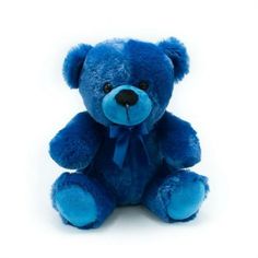 a blue teddy bear with a bow on it's head sitting against a white background