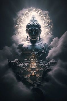 a buddha statue sitting in the middle of clouds with light coming from its eyes and head