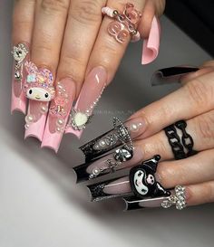 Sanrio Themed Nails, Sanrio Acrylic Nails, Contrast Nails, Xl Long Acrylic Nails, Hello Kitty Nail Designs, Sanrio Nails, Paznokcie Hello Kitty, Halloween Hello Kitty, Hello Kitty Nails Art