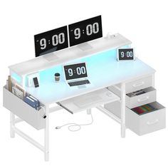 a computer desk with two clocks on it