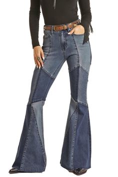 Rock & Roll Cowgirl Women's Patch Denim Bell Bottom Flare Jeans BW7HD02252-Painted Cowgirl Western Store Jean Ideas, Western Pants, Womens Stretch Jeans, Womens Boyfriend Jeans, Womens Flare Jeans, Patch Denim, Womens Cropped Jeans, Western Store, Womens Jeans Bootcut