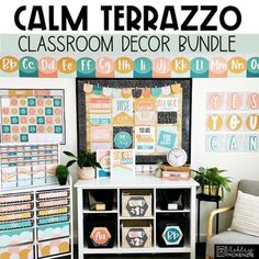 a classroom decor bundle with the words calm terrazzo on it and an image of a desk