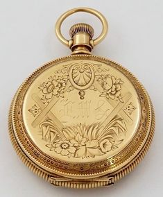 "1886 Elgin, 11J, 18S, 14K gold drum style original Dueber with attractive engraving detail including a hunting dog to rear, initials to center front, gold cuvette, white enamel SS dial, SW-LS, gilt mvt, s#1912325. The gross weight of the assembled watch is 122.8 grams). CONDITION: Movement: Running, fine-plus and keeping accurate time; cosmetic movement condition overall, mild fingerprint smudge at perimeter of the main plate near \"Watch Co\" marking, some darkening to gilt tone and some areas Elgin Watch, Real Gold Necklace, Gold Pocket Watch, Buying Gold, Simi Valley, Hunting Dog, Sun Sets, Pocket Watches, Tick Tock