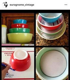 four pictures of different colored bowls and one has a person writing on the side of it