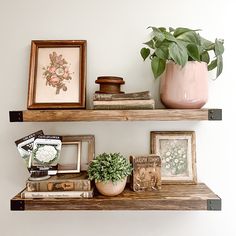 two wooden shelves with plants and pictures on them, one has a potted plant