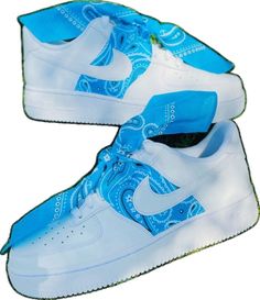 Trendy Blue Custom Sneakers For Streetwear, Blue Breathable Custom Sneakers For Streetwear, Trendy White Breathable Custom Sneakers, Trendy Blue Custom Sneakers With Rubber Sole, Trendy Custom Sneakers With Cushioned Footbed For Streetwear, Emoji Design, Bold Shoes, Blue Bandana, Custom Air Force 1