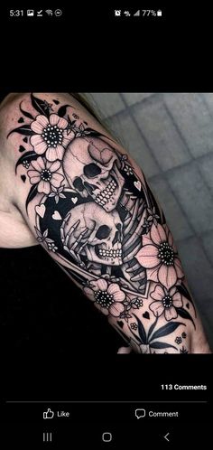 a person with a skull and flowers tattoo on their arm, next to an instagram page