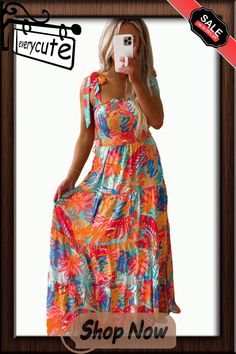 Multicolor Vibrant Tropical Print Smocked Ruffle Tiered Maxi Dress Multicolor Smock Maxi Dress For Spring, Multicolor Smocked Dress With Square Neck, Bohemian Multicolor Smocked Dress With Ruffles, Multicolor Maxi Dress With Smocked Bodice For Brunch, Multicolor Smocked Summer Brunch Dress, Summer Multicolor Smocked Dress With Smocked Bodice, Multicolor Ruffled Smocked Sundress, Multicolor Smocked Sundress With Ruffles, Multicolor Smocked Dress For Summer