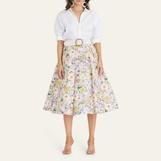 Aqua Blu Australia "Katherine" versatile and chic skirt in Jardine floral print with classic pleated detailing  High waist Removable tie belt with ring detail Side seam pockets Internal crinoline skirt Hem falls below the knee A-line silhouette Back zipper with hook-and-eye closure Cotton/silk Lining: Cotton Dry clean Imported Daywear Floral Print Flared Skirt, Floral Print Flared Skirt For Daywear, Chic Floral Print Pleated Skirt For Spring, Spring Floral Print Full Pleated Skirt, Floral Print Full Skirt For Daywear, Spring Floral Print Relaxed Pleated Skirt, Spring Daywear Pleated Tiered Skirt, Spring Belted Skirt, Chic Pleated Skirt For Garden Party