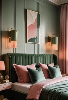 a bed with green and pink pillows in a bedroom next to two lamps on either side of the bed