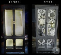 before and after photos of an old china cabinet with glass doors, the bottom is black