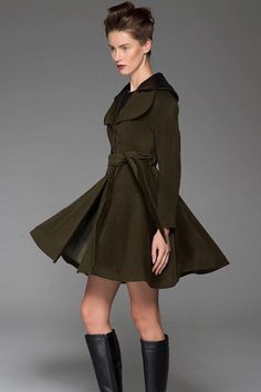 Woman's Swing Coat - Army Green Fit and Flare Short Winter Jacket with – xiaolizi Solid A-line Outerwear For Fall, Chic Green Pea Coat For Winter, Winter Green Belted Outerwear, Elegant Khaki Pea Coat For Fall, Winter A-line Workwear Outerwear, A-line Winter Outerwear For Work, A-line Winter Workwear Outerwear, A-line Outerwear For Winter Workwear, Elegant Hooded Pea Coat For Work