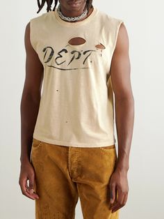 Gallery Dept.'s tank top has raw trims and distressed details that give it a vintage look. Made in Los Angeles from soft cotton-jersey, it's cut for a boxy fit and printed with an illustrative logo inspired by French typography. Fitted Distressed Cotton Tops, Ripped Sleeveless Summer Tops, Distressed Cotton Muscle Tee With Crew Neck, Fitted Ripped Sleeveless Top, Casual Sleeveless Ripped Top, Rugged Washed Cotton Tops, Distressed Sleeveless Muscle Tee For Summer, Distressed Cotton Casual Tank Top, Fitted Sleeveless Ripped Top