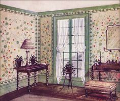 a drawing of a room with flowers on the wall and furniture in front of a window