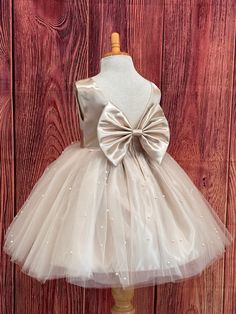 Champagne Flower Girl Dress, Princess Photoshoot, Champagne Flower Girl, Flower Girl Dresses Champagne, Dress With Pearls, Champagne Flowers, Bow Fabric, Wedding Dress Champagne, Pearl Dress