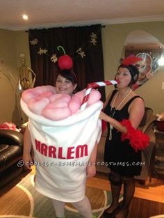 two women dressed up as marilyn monroe and cherries in an ice cream cone costume