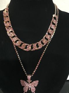 Big Butterfly Exaggerated Full Diamond Thick Chain Double Layer Necklace Color: Gold & Pink Style: Tennis Chain Big Butterfly, Thick Chain Necklace, Double Layer Necklace, Necklace Layered, Tennis Chain, Layer Necklace, Stacked Jewelry, Pink Style, Cute Everyday Outfits