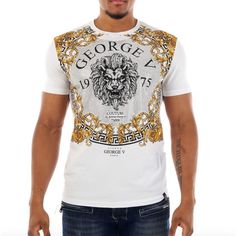 Excellent Quality Designer High End Brand Made In Paris European Sizing Order 1 Size Up From Us Sizing Luxury Gold Short Sleeve Tops, Luxury Graphic Print Tops For Summer, Luxury Gold Tops With Graphic Print, Luxury Gold Top With Graphic Print, White Rhinestone Crew Neck Top, Luxury White Tops With Graphic Print, Luxury White Short Sleeve Top, Luxury White Summer Shirt, Luxury White Tops For Summer