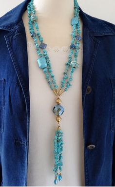 Chip Bead Jewelry, Gemstone Chip Necklace, Long Turquoise Necklace, Chip Bead Necklace, Homemade Necklaces, Chip Necklace, Accesories Jewelry, Necklace Turquoise, Bleu Turquoise