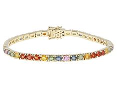 1.96ctw Oval Yellow, 1.56ctw Oval Blue, 2.54ctw Oval Orange, 0.59ctw Oval Pink, 1.96 Oval Green Sapphire 10k Yellow Gold Bracelet. Measures Approximately 0.16"W. Box Clasp. Multi-stone Round Diamond Bracelet For Anniversary, Multi-stone Tennis Bracelet In Fine Jewelry Style, Classic Multicolor Diamond Jewelry, Oval Multi-stone Tennis Bracelet In Fine Jewelry Style, Yellow Gold Multi-stone Tennis Bracelet, Classic Oval Multi-stone Bracelet, Classic Multicolor Gemstone Jewelry, Box Clasp, Green Sapphire