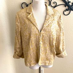 Beige And Gold Tones In This Fancy Evening Jacket . Cuffed 3/4 Sleeves And Eye Hook Front Closures. Never Worn Dress Up With Jeans Or Your Holiday Outfit! Bolero Style. Blazer . Bolero. Jacket. Formal Vintage Long Sleeve Cropped Jacket For Spring, Fitted Collared Cropped Jacket For Spring, Elegant Collared Cropped Jacket For Spring, Formal Long Sleeve Cropped Jacket For Spring, Fitted Vintage Cropped Jacket For Spring, Vintage Cropped Jacket For Spring Workwear, Vintage Spring Cropped Jacket For Workwear, Spring Vintage Cropped Jacket For Workwear, Vintage Cream Blazer For Spring