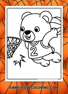 a coloring page with an image of a bear playing basketball