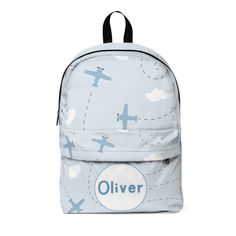 a backpack with an airplane pattern on it