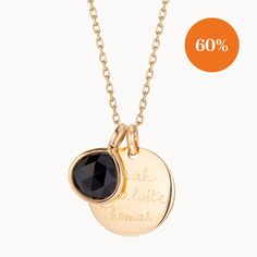 Symbolising strength and support, our semi-precious black onyx gemstone is paired with our signature disc charm, and hand-engraved to create a personalized necklace as unique as you are.Please note that there may be slight variations between each birthstone and gemstone due to its origins.18K Champagne Gold Plated, 925 Sterling Silver or 18K Rose Gold PlatedDisc Charm: 0.7 x 0.7Gemstone: 0.5 x 0.5Secure clasp fasteningCharms are removable from this chain and can be worn on all Merci Maman chain lengthsHand-engraved in our Paris workshopSent with love in a complimentary gift boxAny slight variations in lettering depth, spacing and alignment from the examples shown are part of the aesthetic and originality of the piece. Elegant Black Charm Necklace, Engraved Onyx Jewelry As Gift, Engraved Onyx Jewelry For Gifts, Minimalist Black Jewelry With Engraving Option, Personalized Black Pendant Necklaces, Black Personalized Pendant Necklaces, Black Sterling Silver Jewelry With Engraving Option, Black Engraved Jewelry For Personalized Gift, Personalized Black Engraved Jewelry