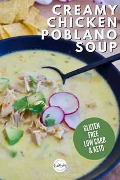 a bowl of creamy chicken poblano soup with sliced radishes and cilantro