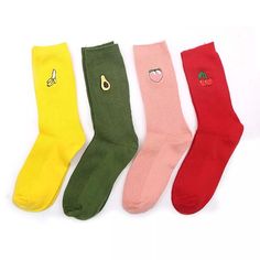 "Clean and comfortable and cute embroidered design socks. Featured high-quality soft cotton. *Description* Colors: Green Avocado, Pink Peach, Red Cherry, and Yellow Banana Material: Cotton,Polyester Length: 20-30 cm, 6\"-12\" One size fits all (5-10) NOTE: Socks color can slightly be different due to monitor setting.Please make sure you do not mind this when purchase. O R D E R & SHIPPING PROCESSES: -Choose the color from the drop down menu above - Allow 3-5 business days for your order to b Trendy Red Cotton Socks, Cute Red Cotton Socks, Red Cotton Socks For Spring, Playful Red Cotton Socks, Embroidered Fruit, Funny Autumn, Banana Design, Kawaii Socks, Retro Embroidery