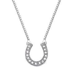 "Shimmering diamond accents and a horseshoe link make this sterling silver necklace a captivating choice.NECKLACE DETAILSLength: 18 in. Clasp: spring-ringMetal: rhodium-plated sterling silverDIAMOND DETAILSTotal weight: less than 1/10 ct.Shape: roundColor grade: H-IClarity: I1-I2Setting: prongImage(s) may be enlarged to show detail.Diamond weights are approximate. Diamond total weights may vary between .01 and .08 ct. Some diamonds have fewer than 17 facets.Gemstones may have been treated to enh Tasteful Tattoos, Horseshoe Necklace, Horse Jewelry, Silver Diamonds, Sterling Silver Necklace, Metal Rings, Spring Rings, Sterling Silver Necklaces, Rhodium Plated