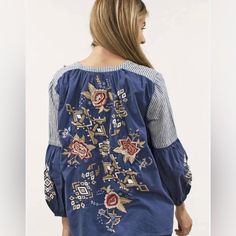 Beautiful Kyla Seo Color Blue & White Size Small Blue Cotton Peasant Top With Floral Embroidery, Blue Cotton Top With Embroidered Sleeves, Navy Embroidered Cotton Tops, Blue Floral Print Embroidered Top, Blue Long Sleeve Peasant Top With Floral Embroidery, Bohemian Blue Tops With Embroidered Sleeves, Blue Embroidered Top With Embroidered Sleeves For Summer, Blue Blouse With Embroidered Hem For Spring, Blue Bohemian Blouse With Embroidered Hem