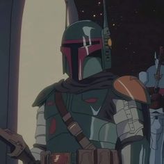 the boba fett from star wars is standing in front of some other characters