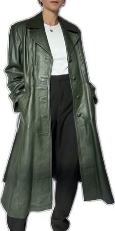 Green Leather Jacket For Work In Fall, Green Leather Jacket With Pockets For Work, Vintage Long Leather Jacket For Fall, Classic Green Leather Outerwear, Green Leather Outerwear For Fall, Retro Leather Jacket With Snap Buttons For Winter, Vintage Green Long Coat, Green Vintage Outerwear For Fall, Vintage Green Outerwear For Fall