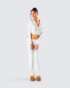 Cute and cozy…you know the vibes 💋 Featuring a white knit cropped jacket paired with white knit pants - this matching two-piece set is giving all the Y2k energy you need 🤍 White Loungewear Sets For Winter, White Winter Loungewear Sets, Chic White Loungewear Sets, White Loungewear Set For Fall, White Sets For Loungewear In Fall, White Fall Loungewear Sets, Casual White Knit Sets, White Cropped Bottoms For Loungewear, Chic White Cropped Sets