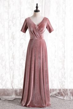 Short Sleeves Pink Velvet Long Bridesmaid Dress Long Dress With Short Sleeves, Short Sleeve Prom Dresses, Long Party Dress, Velvet Dress Long, Velvet Bridesmaid Dresses, Pink Bridesmaid Dresses, Dress With Short Sleeves, Bridesmaid Dresses Prom, Long Bridesmaid Dress