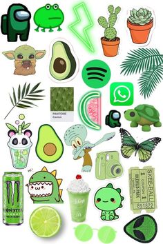 an assortment of stickers and decals on a white surface with plants, animals, and other items