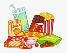 an image of snacks and drinks on the table with popcorn, soda, donuts, chips