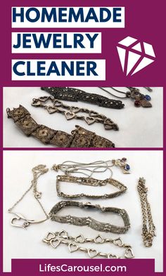 several different types of jewelry are shown with the words homemade jewelry cleaner