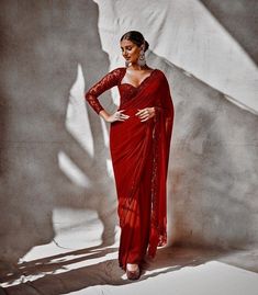 Wine Red Saree For Farewell, Cherry Red Saree, Mega Sleeves Blouse Design, Red Saree Party Wear, Red Saree Look Modern, Glam Saree, Red Sequin Saree, Full Sleeves Blouse Designs, Party Saree