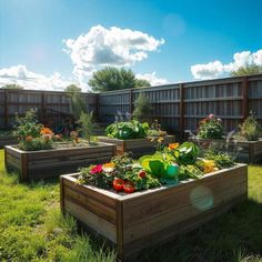 several wooden raised garden beds with plants in them on the grass and blue sky background