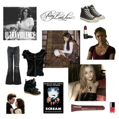 a collage of various items including shoes, lipstick, and other things in black and white