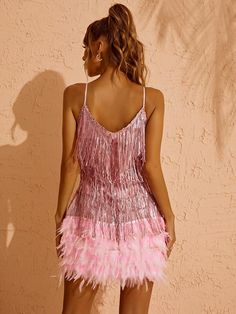 Austyn Tassel Feather Mini Dress In Pink – Mew Mews Fashion Pink Mini Dress For Costume Party, Sleeveless Tassel Mini Dress For Party, Party Fringe Mini Flapper Dress, Fringe Mini Flapper Dress For Parties, Sleeveless Mini Dress With Tassels For Party, Glamorous Feathered Summer Dress, Costume Party Flapper Dress With Fringe, Party Mini Dress With Fringe, Glamorous Fringe Dress For Costume Party