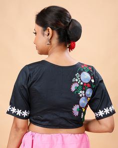 a ready-made, pure cotton, embroidered design blouse. These types of blouses are popular for their comfort and aesthetic appeal, especially in traditional and ethnic wear.  Blouse available in 32,34 waist size waist-32 =36 Bust waist-34=38 Bust Traditional Black Shirt With Floral Embroidery, Traditional Cotton Shirt For Festivals, Black Cotton Top With Chikankari Embroidery, Traditional Black Blouse With Floral Embroidery, Festive Cotton Shirt With Resham Embroidery, Traditional Cotton Shirt For Festive Season, Festive Traditional Shirt With Resham Embroidery, Traditional Black Tops For Navratri, Fitted Embroidered Top With Motifs