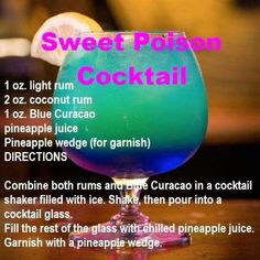 a blue curaco cocktail with text describing it's different flavors and ingredients